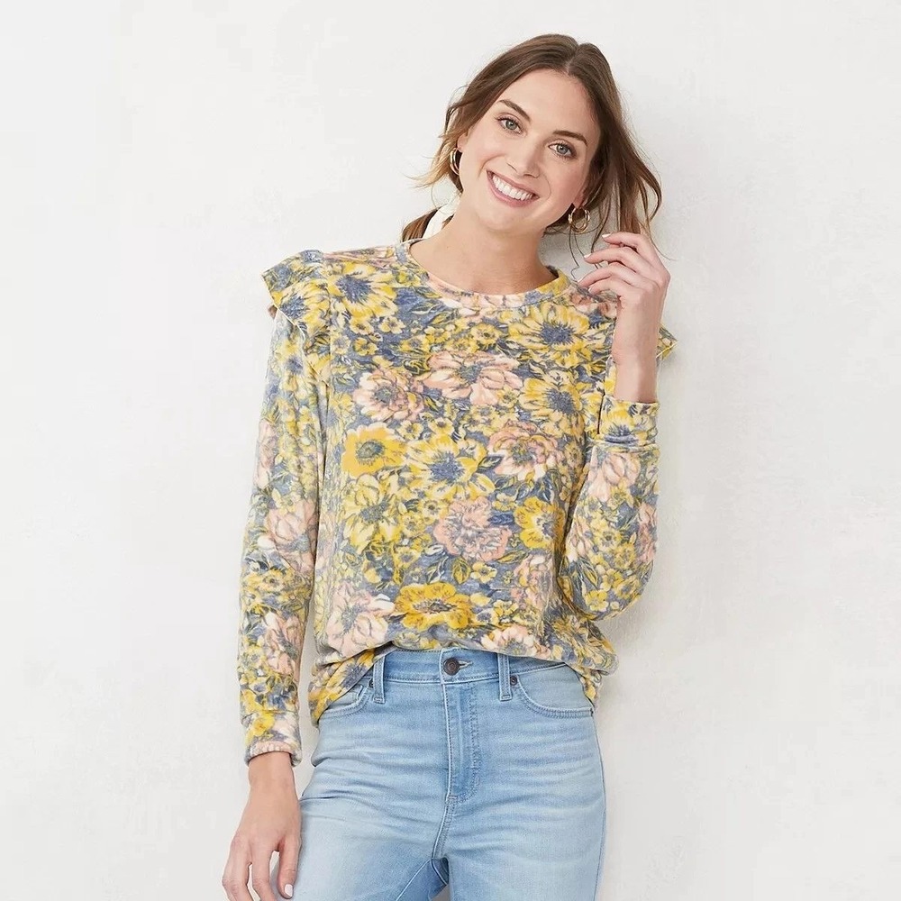 Lauren Conrad Boho Floral Ruffle Sweatshirt XXL Yellow Pullover Cottage SOFT